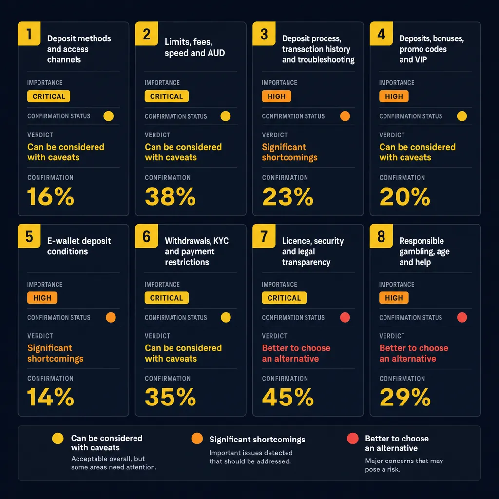 Grid of eight Kaboom77 deposit decision factors with verdicts