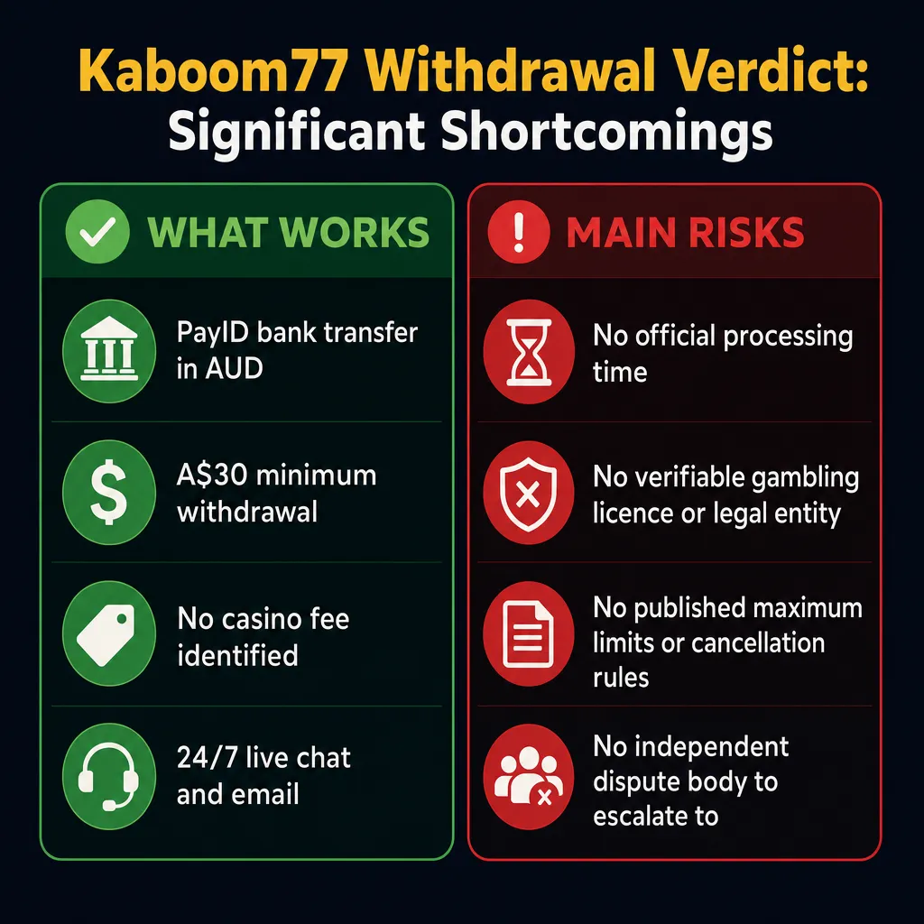 Kaboom77 withdrawal verdict showing strengths and main risks