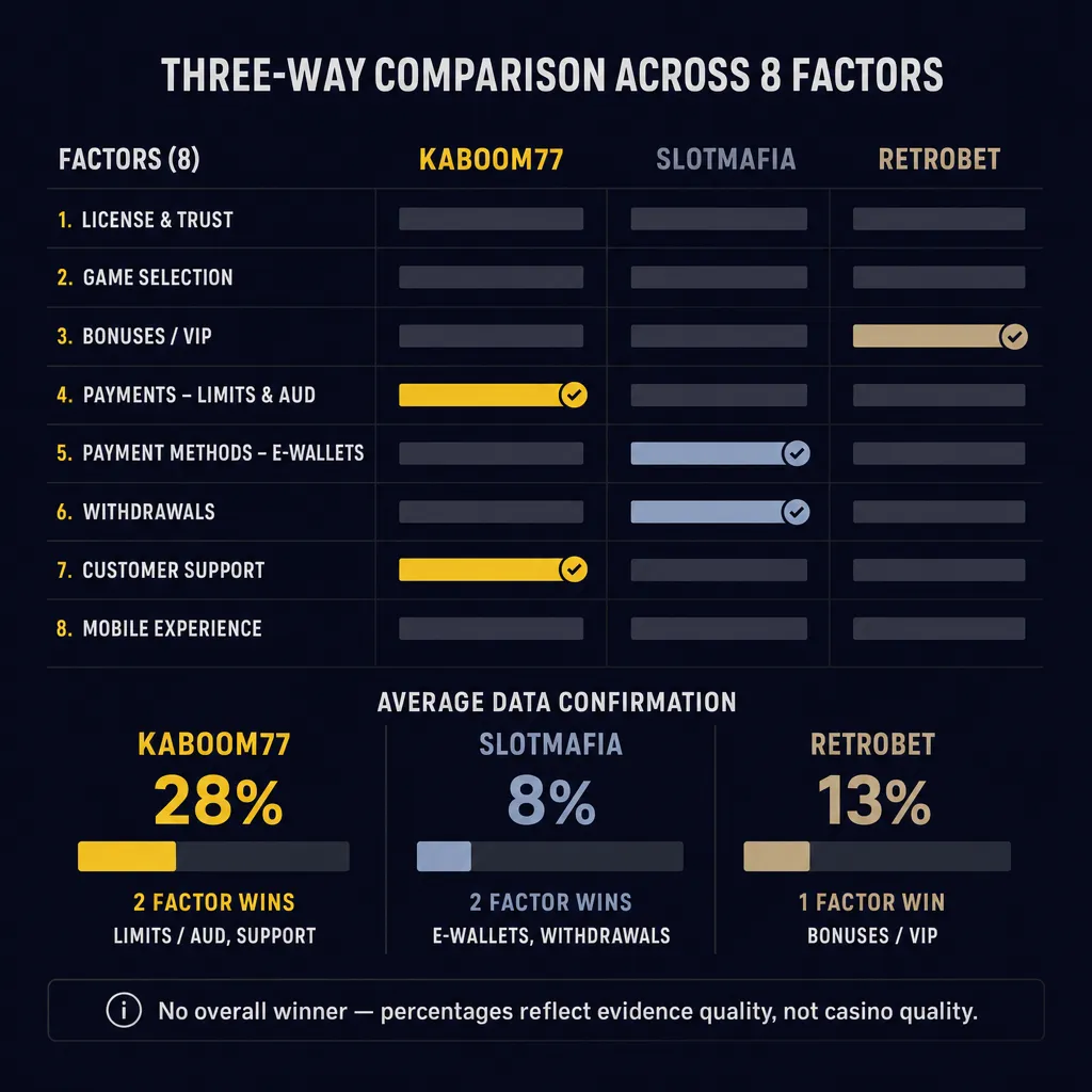 Preview comparison chart of Kaboom77, SlotMafia and RetroBet evidence scores