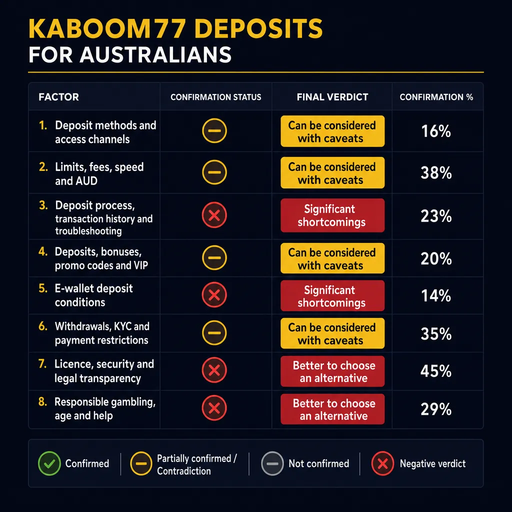 Summary chart of eight Kaboom77 Australia deposit evidence factors
