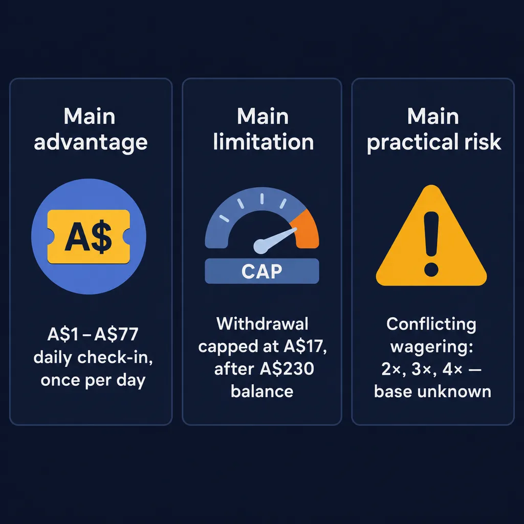 Summary of Kaboom77 daily bonus advantage, limit and risk