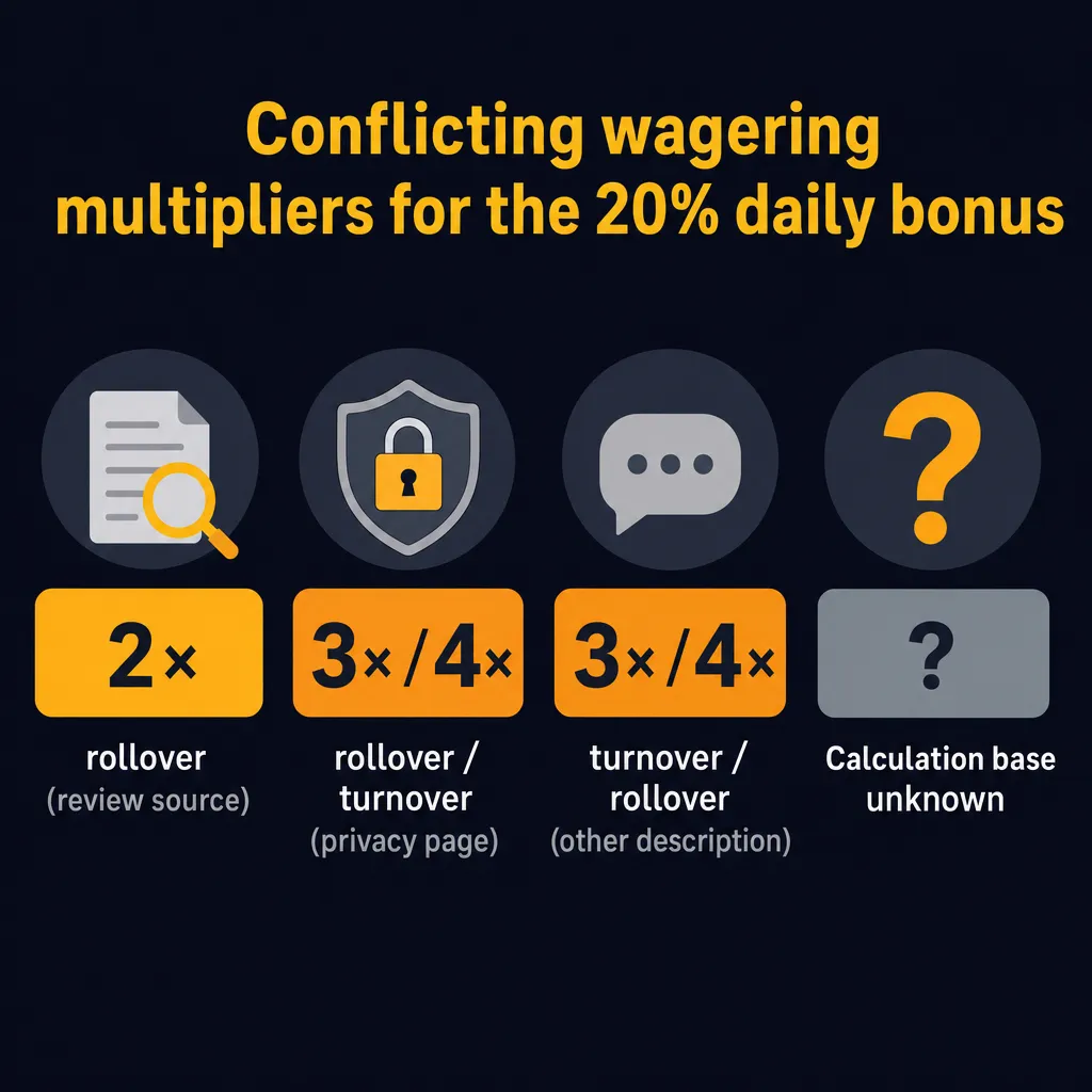 Three conflicting wagering multipliers reported for the 20% bonus
