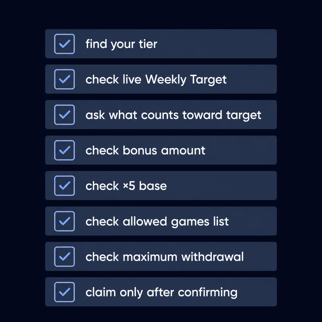 Checklist before claiming a Kaboom77 weekly bonus