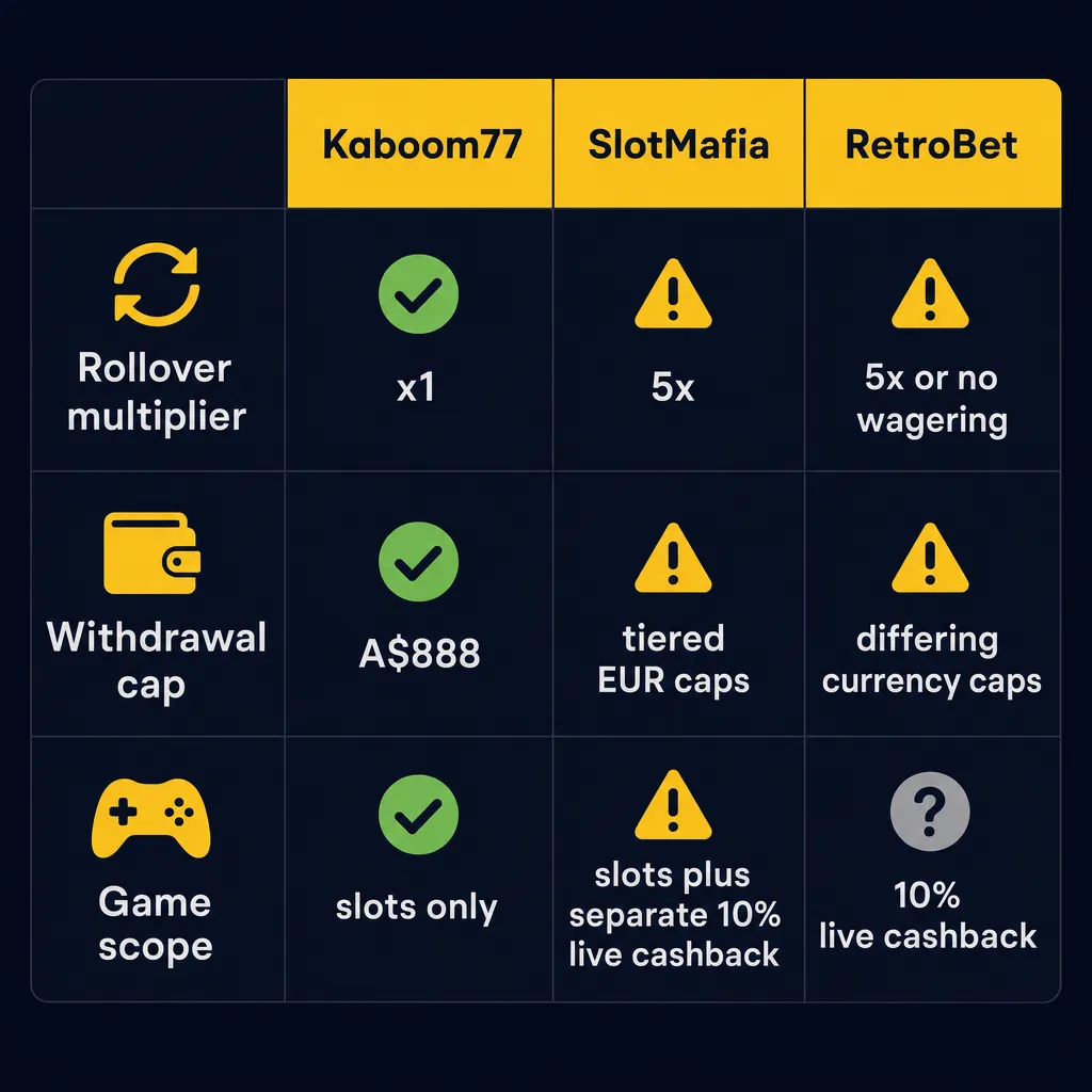 Comparison chart of cashback terms across three casino brands