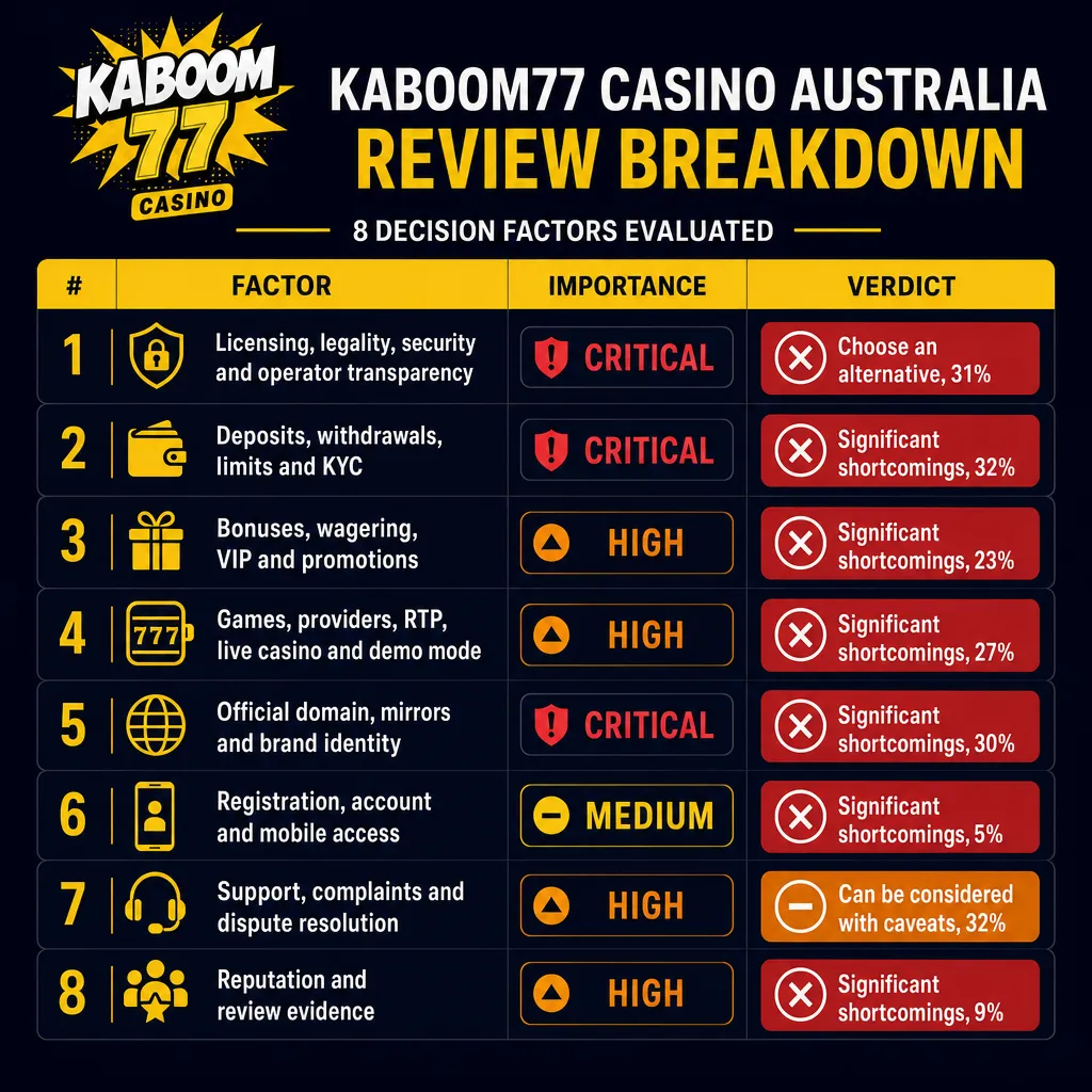 Full visual breakdown of all eight Kaboom77 casino review factors and verdicts