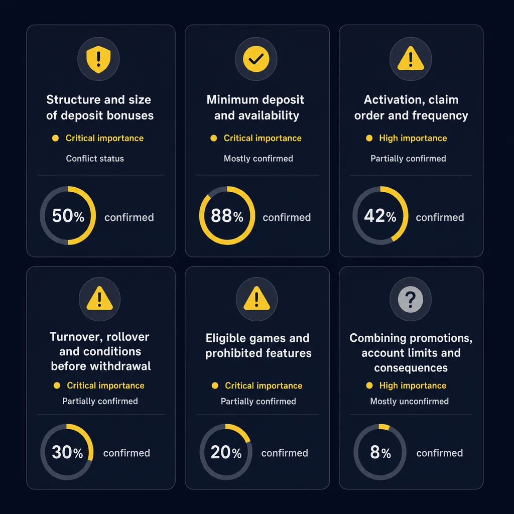 Grid overview of all Kaboom77 bonus decision factors and statuses