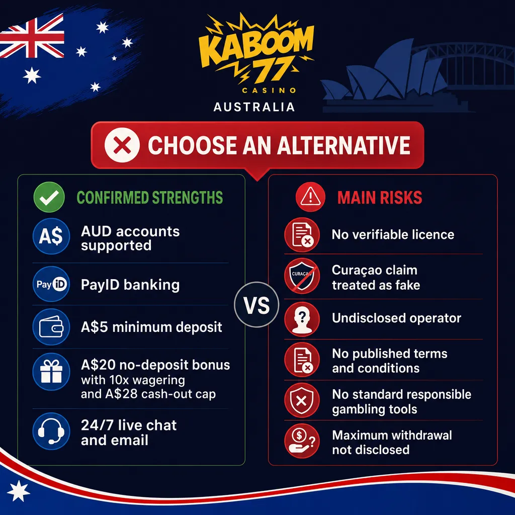 Kaboom77 Casino verdict summary showing confirmed features and key risks