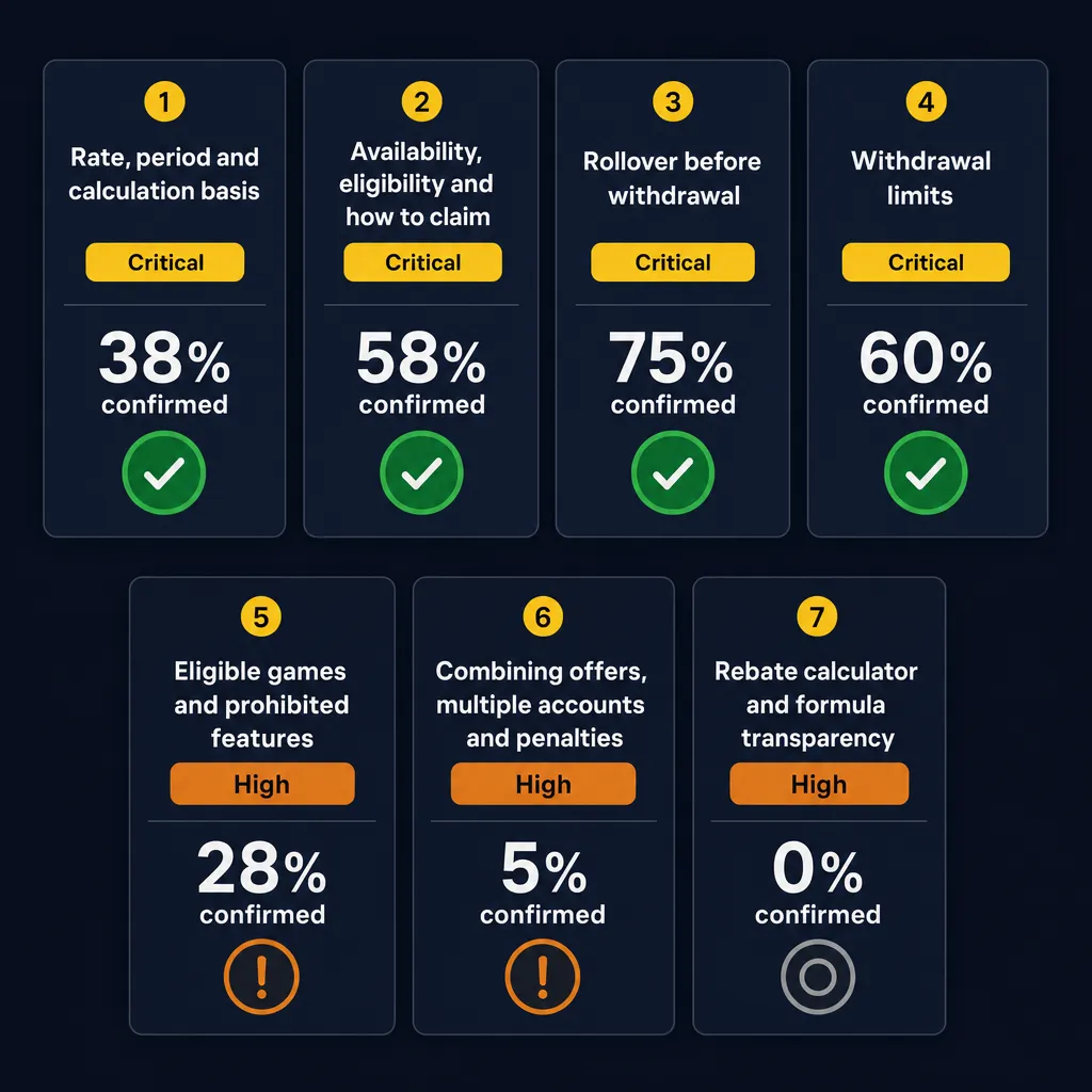 Overview grid of all Kaboom77 cashback decision factors and statuses