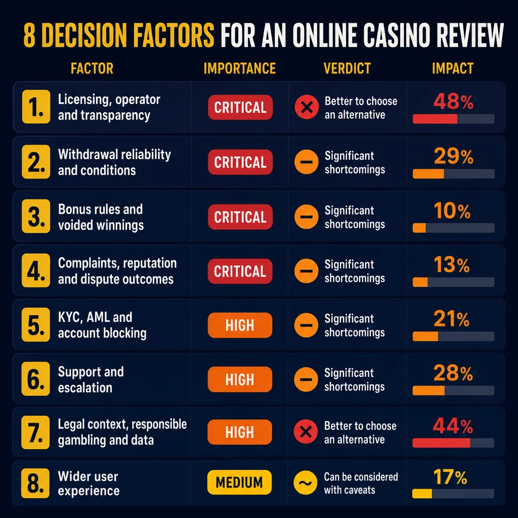 Overview infographic of all eight Kaboom77 decision factors and verdicts