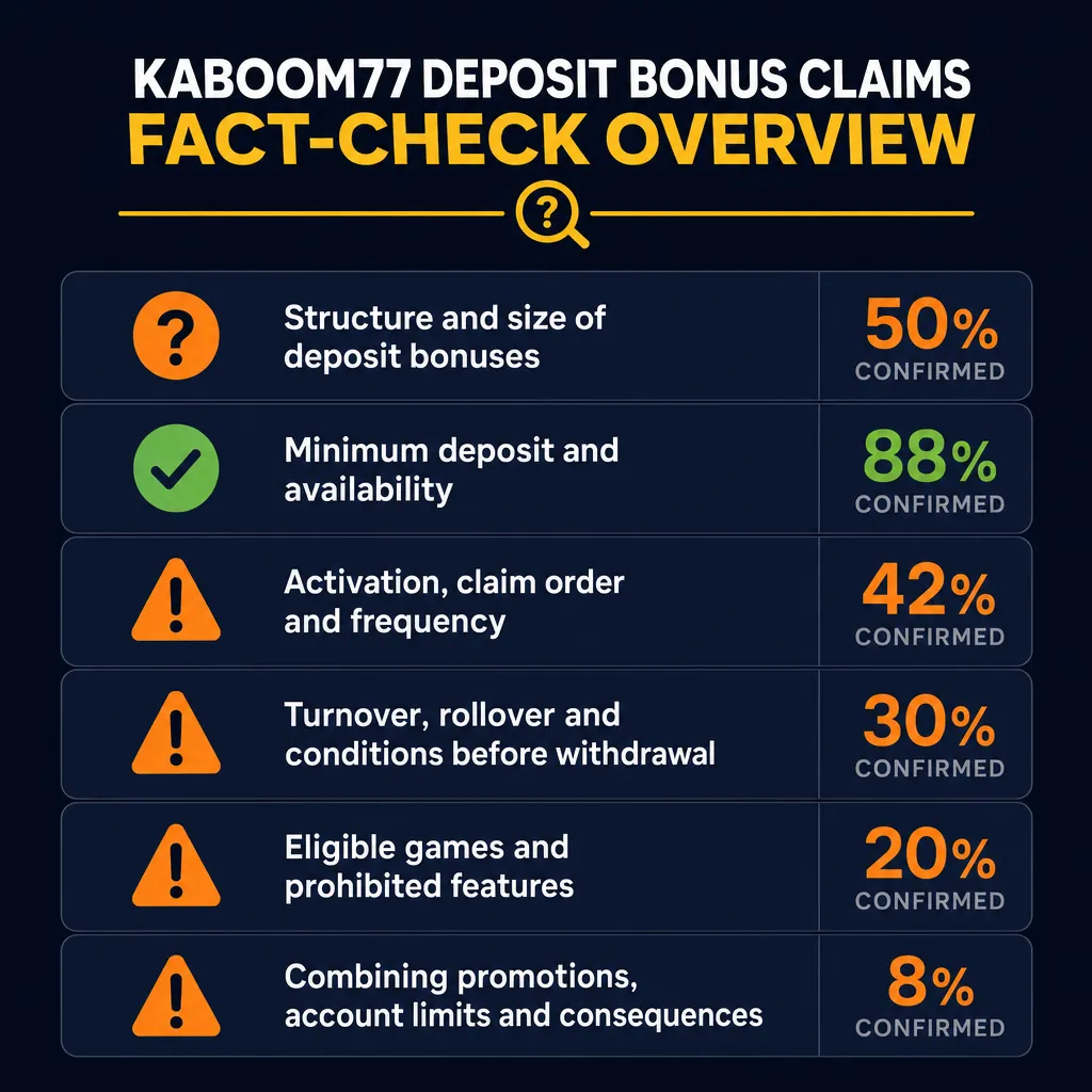 Overview infographic of checked Kaboom77 deposit bonus facts