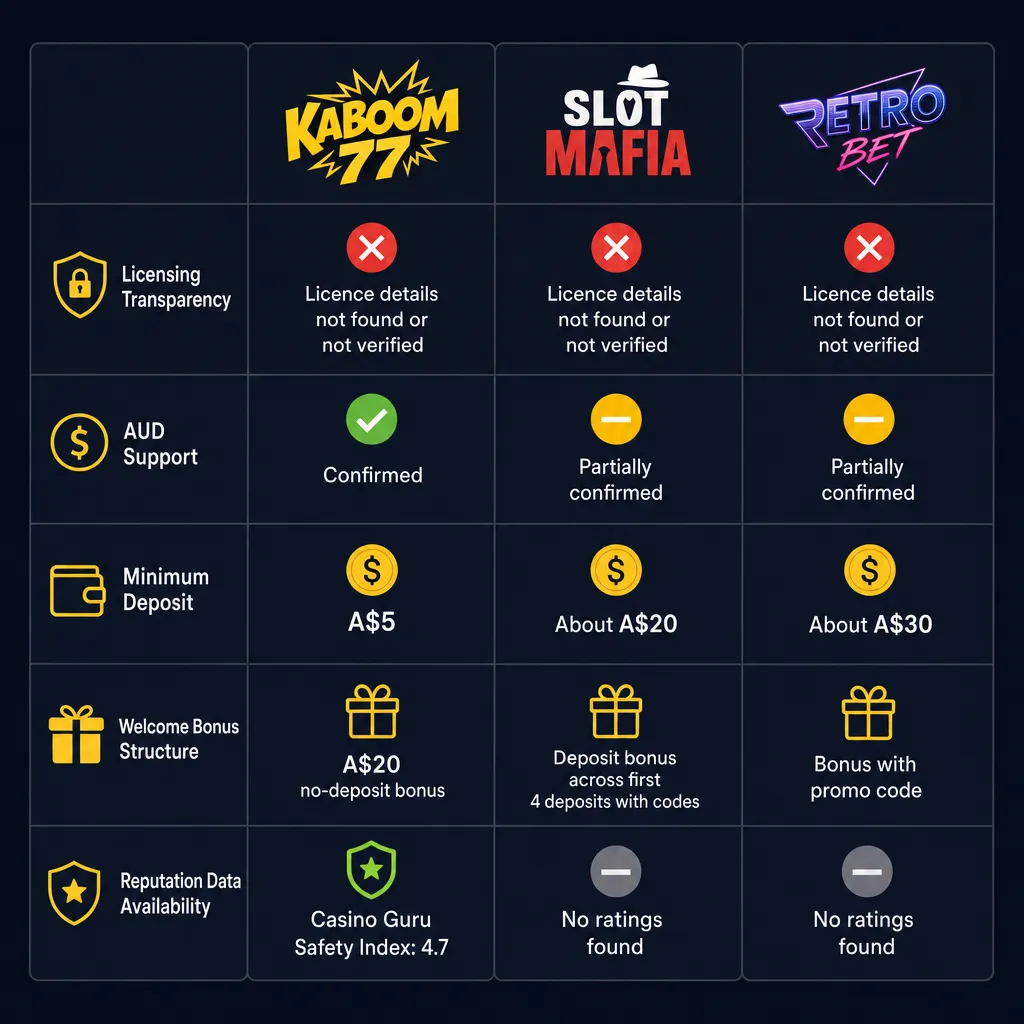 Side-by-side comparison of Kaboom77, SlotMafia and RetroBet conditions and status